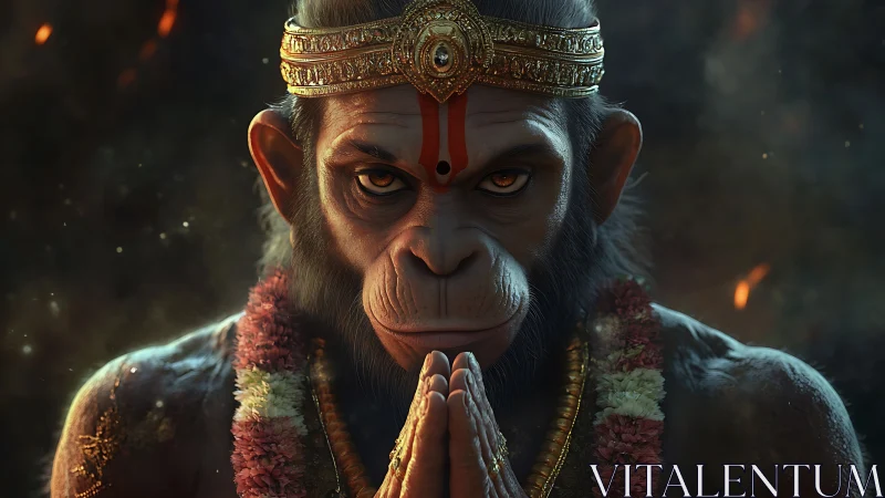 Divine simian warrior in ornate crown and glowing embers.