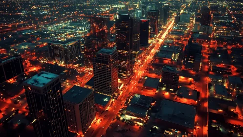 Neon river of headlights carving through ember-lit towers.