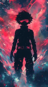 Silhouetted cyber operative amid neon particle explosion.