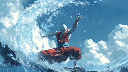 Monk-like figure manipulating ocean wave under clear sky.