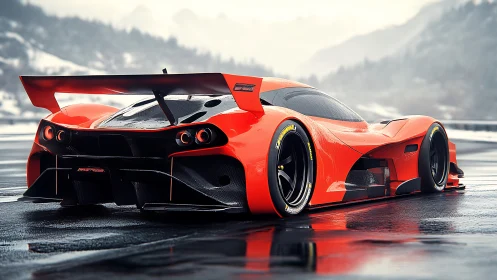 Red futuristic race car on wet mountain racetrack at dusk.