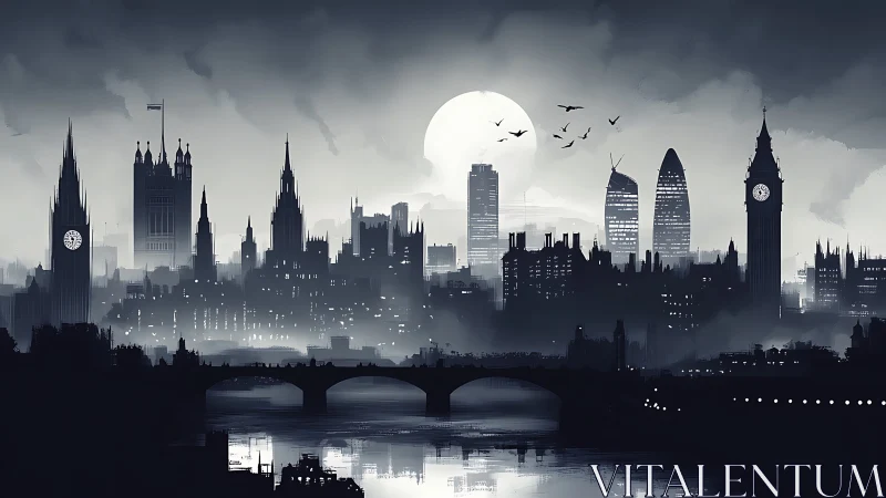 Monochrome nocturnal skyline with layered neo-gothic silhouettes.