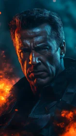 Hardened soldier portrait amid blue shadows and flames.