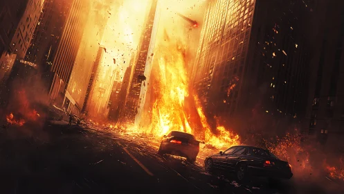 Urban street explosion with high-rise building fire scene.