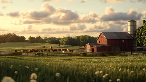 Cattle in fenced pasture near red barn and silo at sunset.