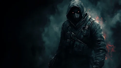 Hooded tactical specter in incendiary low-key digital chiaroscuro.