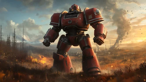 Armored bipedal mech advancing through postindustrial wildfire.