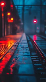 Rain-soaked night platform with neon red signal glow.