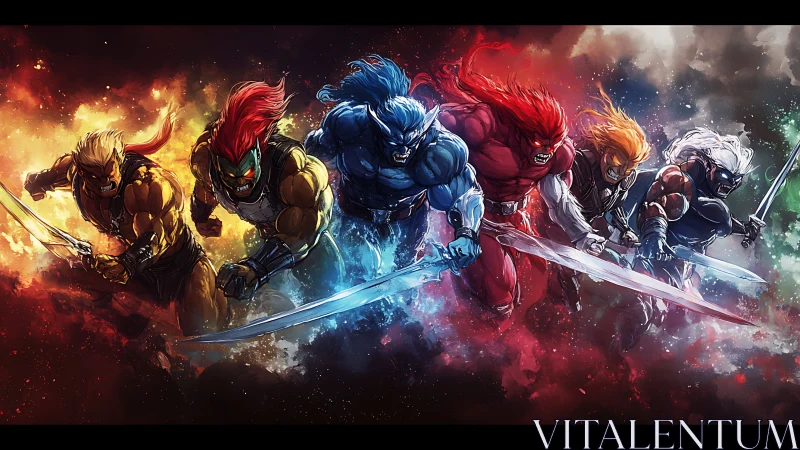 Anthropomorphic warriors advance through polychromatic clouds