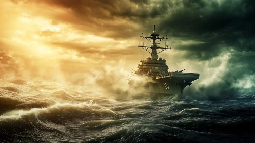 Modern aircraft carrier cutting storm-lit cinematic ocean swells.