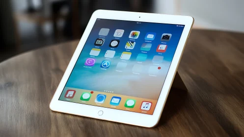 Apple iPad Air white tablet displaying iOS home screen with app icons at wooden surface