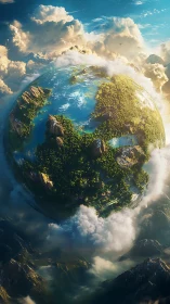 Floating spherical world with forests, lakes and clouds.