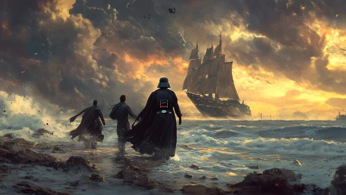 Storm-wrapped Sith strides toward a burning-sky pirate ship