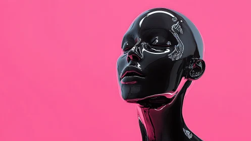 Glossy black mannequin basking in bold neon pink glow.