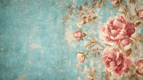 Vintage floral wallpaper shows pink peonies on worn teal ground
