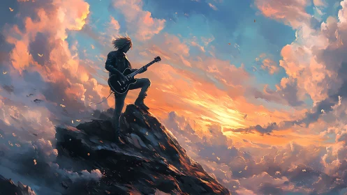 Guitarist atop stormy peak under blazing sunset sky.