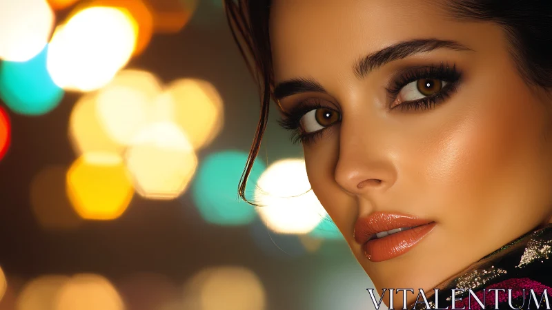 Contemporary portrait of woman with bokeh city lights.