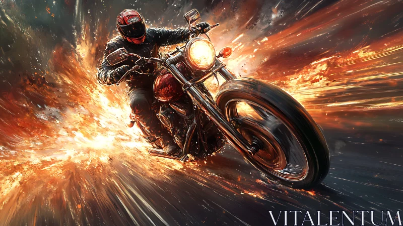 Flaming street motorcycle charge through explosive streaks.
