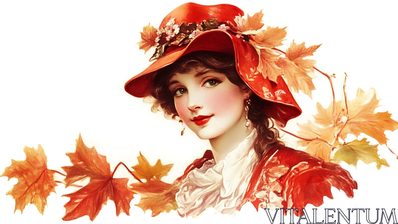 Autumn lady in a red hat framed by golden falling leaves.