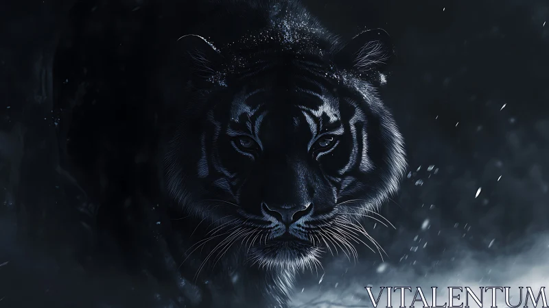 Dark snowlit tiger portrait with intense forward gaze.