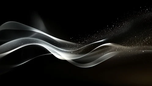 White light waves and particles on dark abstract background.