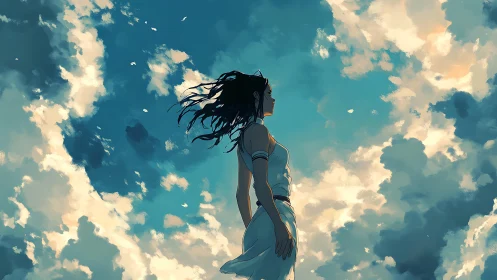 Solitary female figure in white dress under daytime sky.
