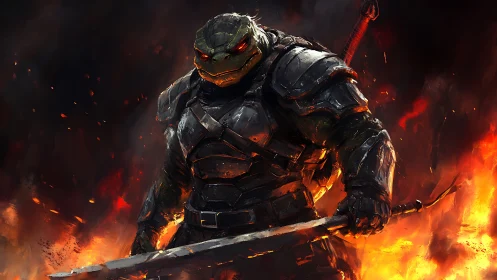 Armored reptilian warrior stands with sword amid fire