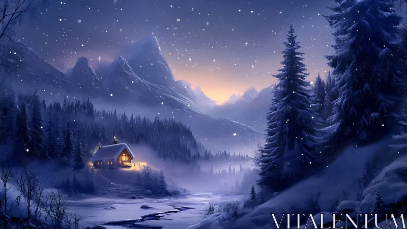 Winter mountain valley with cabin, forest and snowfall at dusk.