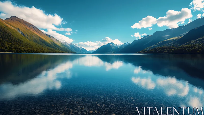 Mountain lake mirror reflects clouds under vivid blue sky.
