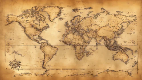 Antique style world map with detailed continental outlines.