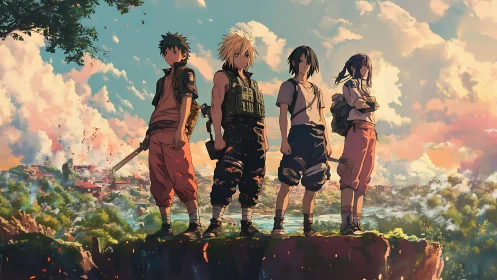 Four anime adventurers overlook distant valley city.