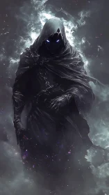 Hooded figure with glowing eyes stands in swirling smoke