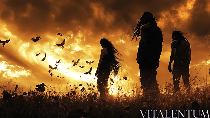 Silhouetted wanderers crossing fiery dusk field horizon.