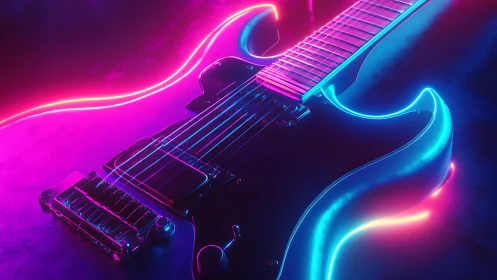 Electric guitar close-up with vivid neon blue and pink light.
