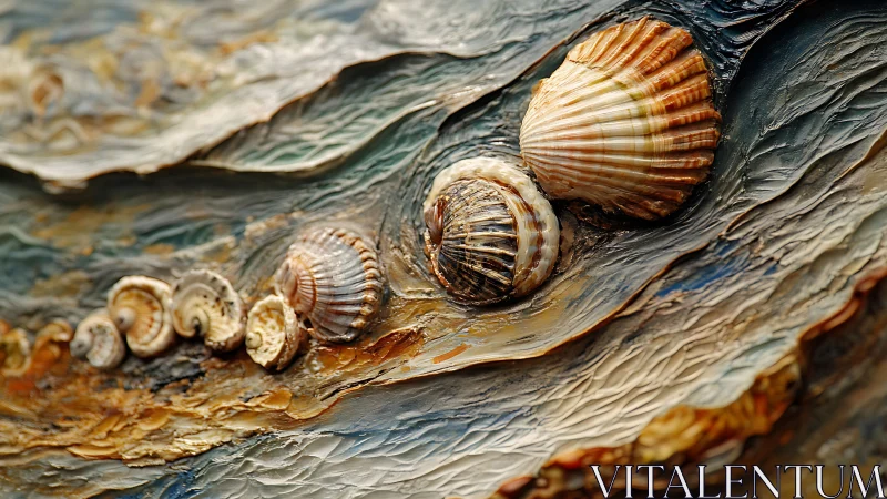 Seashells nestled in painterly tides of color and texture.