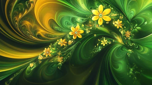 Yellow fractal flowers swirling through vivid green waves.