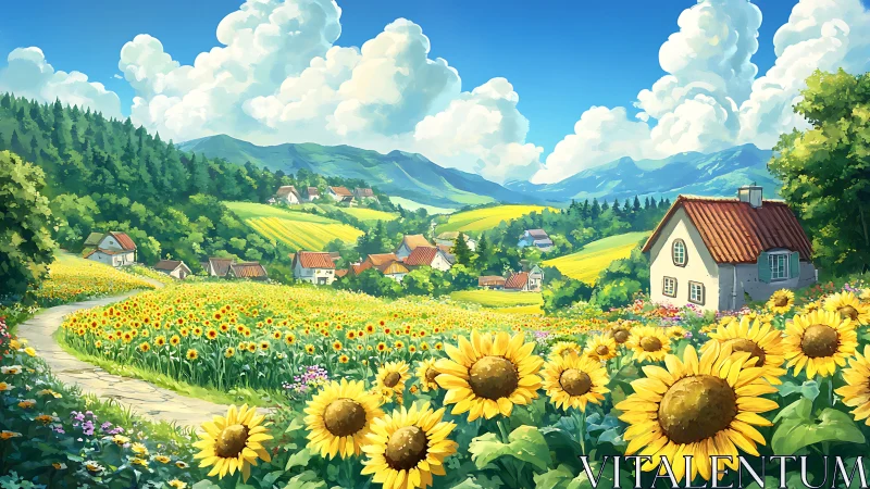 Sunflower valley landscape with village houses and hills.