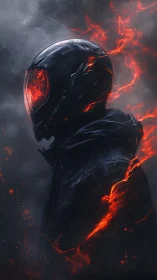 Ember-veiled cyber soldier in storm of molten sparks.