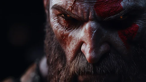 Battle-scarred warrior glares forward in gritty close-up