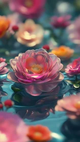 Luminous Pink Water Lotus with Golden Center Floating in Teal Pool.