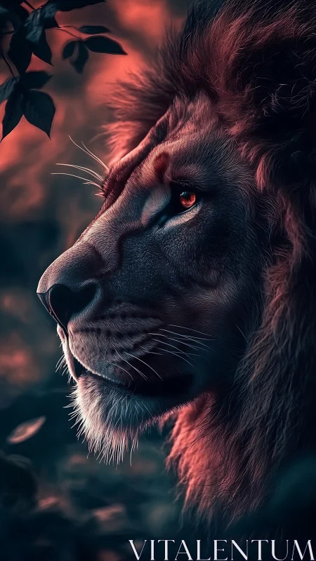 Firelit sentinel lion gazing through twilight embers.