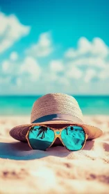 Straw sunhat and cyan sunglasses on tropical sand beach.