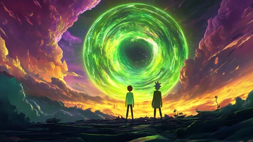 Two figures stand under glowing green vortex in vivid sky