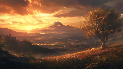 Volumetric sunset over valley plain with solitary hillside tree.