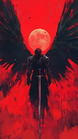 Winged armored figure before red moon on crimson field.