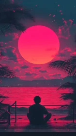 Neon-illuminated coastal horizon with meditative silhouette study.