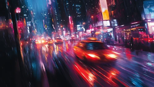 Neon taxis race through a rain‑soaked cyberpunk city night