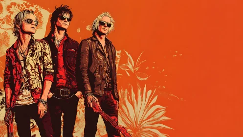 Cool rock trio framed by bold orange and floral flair.