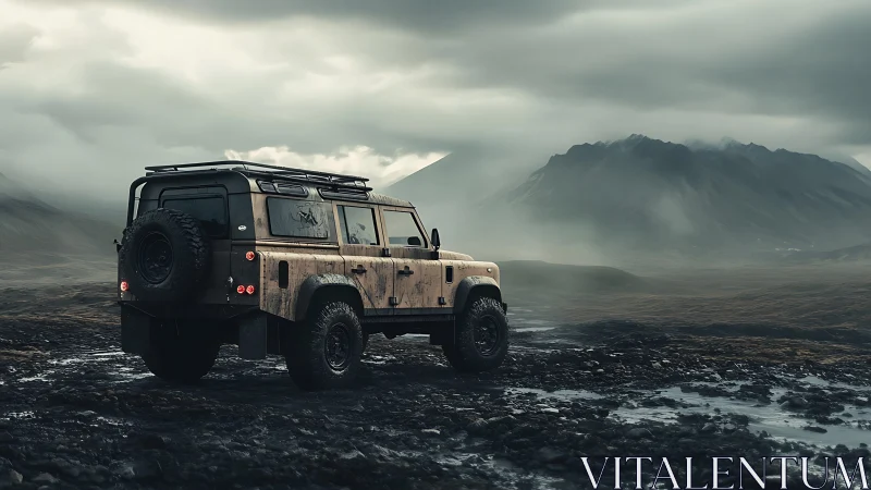 Off-road SUV parked on wet rocky terrain under clouds.