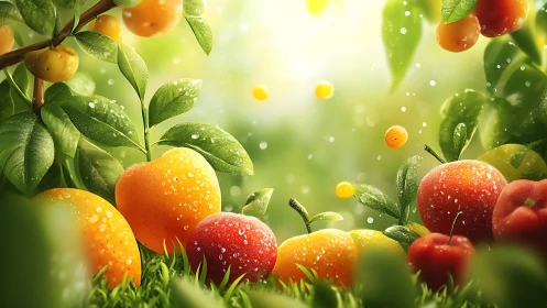 Dew-covered orchard fruits under diffuse backlit sunrise glow